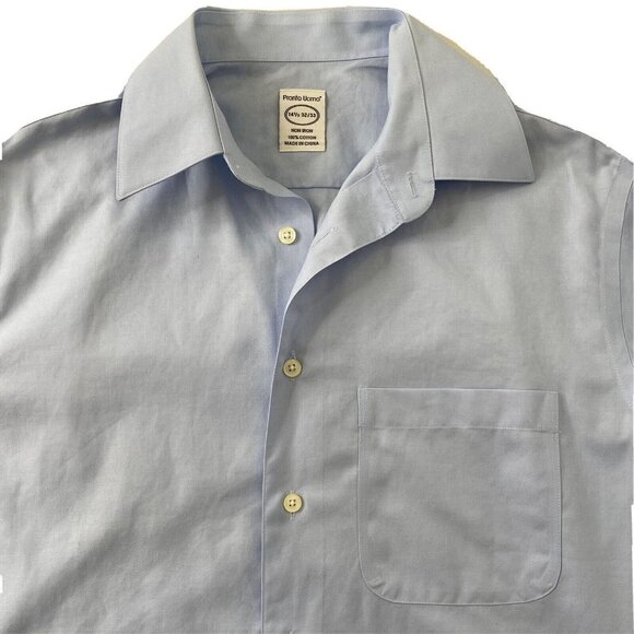 Pronto Uomo Button Front Dress Shirt Mens 14.5 32-33 Long Sleeve No Iron Blue - Picture 3 of 7